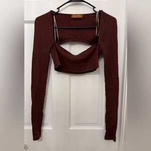 BEIGE BOTANY Women’s Brown Ribbed Long Sleeve Cut Out Crop Top Size S